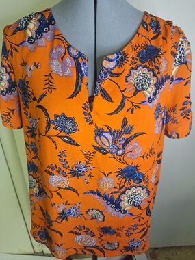 DR2 Orange Floral-Print Blouse with Blue and Lavender Accents Size Med